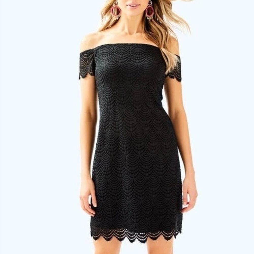 Lilly Pulitzer | New Jade scalloped shell lace sheath dress Womens size XS black